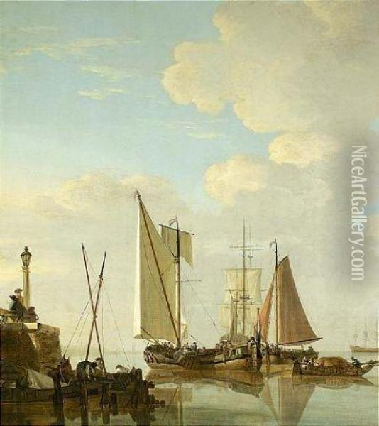 Two Boeiers And A Cat Under Sail With Other Smaller Vessels Oil Painting - Jacob Van Stry