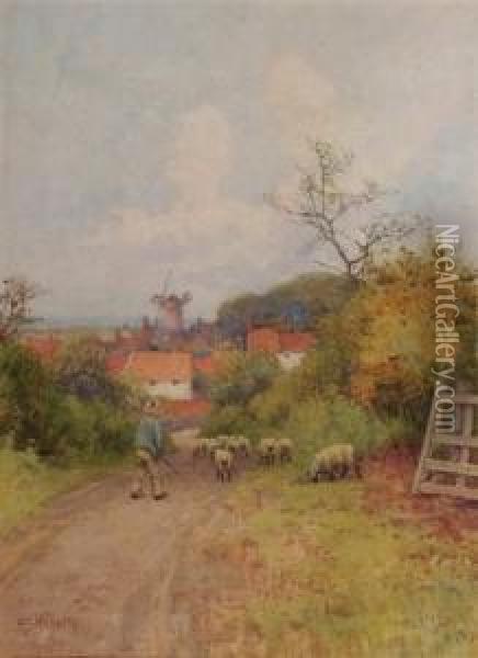 A Shepherd Driving A Flock Of Sheep Down A Country Lane Oil Painting - Mary S. Hagarty