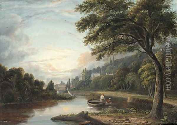 Fishermen drawing in their nets on a river at dusk Oil Painting - English School