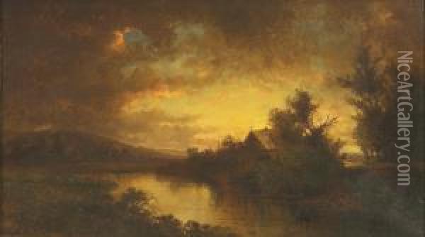 River Landscape At Sunset. Oil Painting - Charles Day Hunt