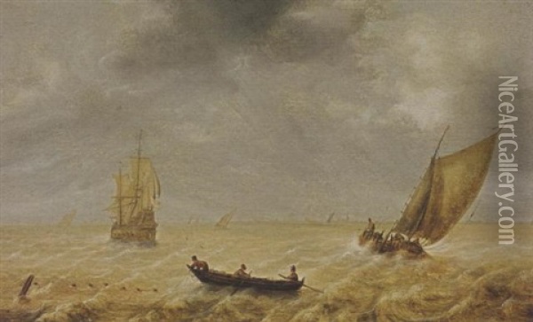Fishermen In A Rowing Boat And Sailing Vessels In A Choppy Sea, A City In The Distance Oil Painting - Hendrick Van Anthonissen