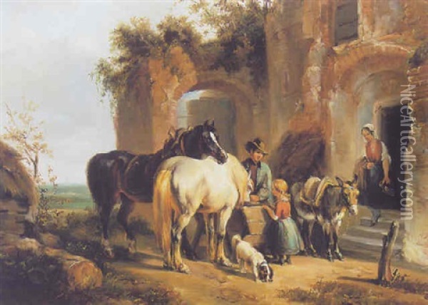 Family With Horses At Rest Oil Painting - Pieter Frederick Van Os