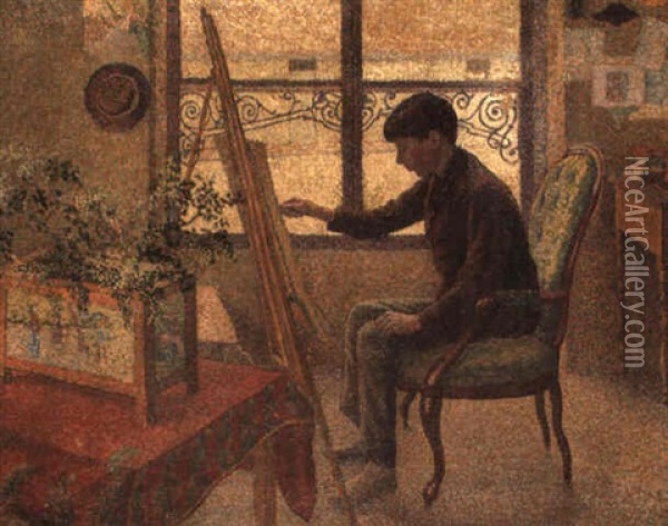 Portrait Of Georges Pissarro In Camille Pissarro's Studio Oil Painting - Lucien Pissarro