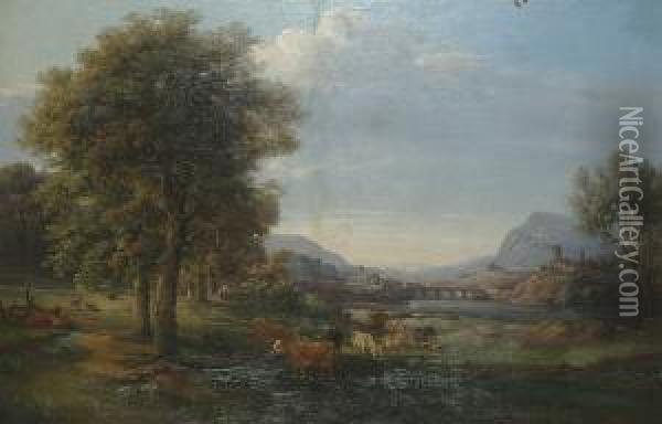 Extensive Landscape With Cattle In The Foreground, A Village Beyond. Oil Painting - Ernst Erwin Oehme