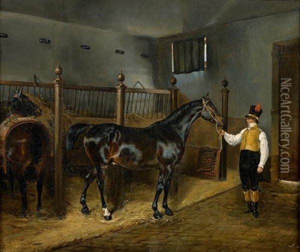 Lad Presentant Son Cheval Dans Une Ecurie Oil Painting - Pierre-Francois Lehoux