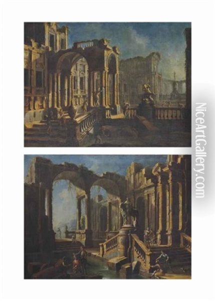 Caprices Architecturaux (pair) Oil Painting - Pietro Cappelli