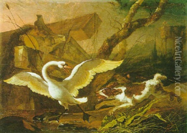 Chien Poursuivant Un Cygne Oil Painting - Abraham Danielsz Hondius