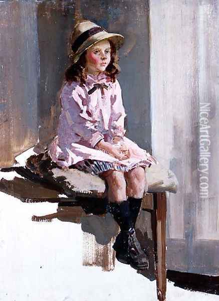 Portrait of a young girl in a pink dress and a straw hat Oil Painting - Harry Watson