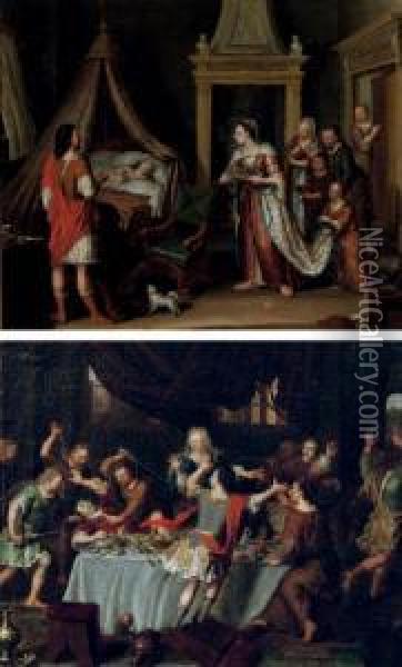 Absalon Having His Half-brother 
Amnon Killed At A Banquet; And The Reconciliation Of Absalon With His 
Father, King David, Through The Mediation Of The Woman From Tekoa Oil Painting - Matthijs Naiveu