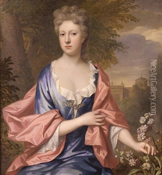 Portrait Of A Lady In A Blue Dress With A Salmon Pink Wrap, Picking A Flower, A View To Palace Garden Beyond Oil Painting - Thomas Murray