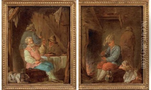 Scene D'auberge (+ Le Fumeur; 2 Works) Oil Painting - Louis Jean-Jacques Durameau