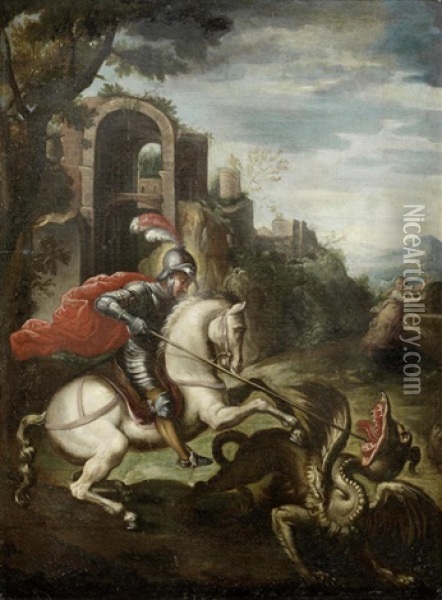 Saint George Slaying The Dragon Oil Painting - Giulio Clovio