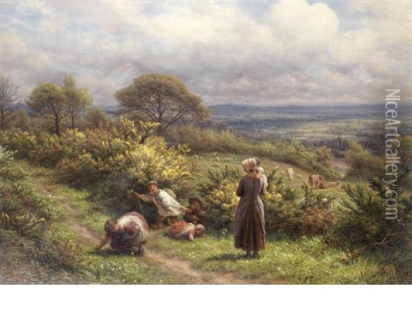 A May Morning While Earth Herself Is Adorning, This Sweet May-morning Oil Painting - James Thomas Linnell