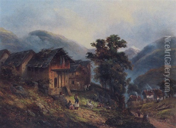 The Village Of Sokwah Near Chuckratta In The Himalayas Oil Painting - Charles Walters (Maj. Gen. Sir) D'Oyly