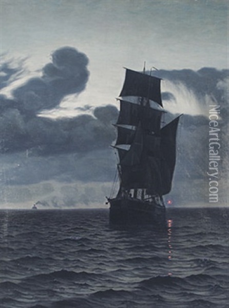 Nachtliche Marine Mit Malerischer Zweimastbark Oil Painting - Viggo Lauritz Helsted