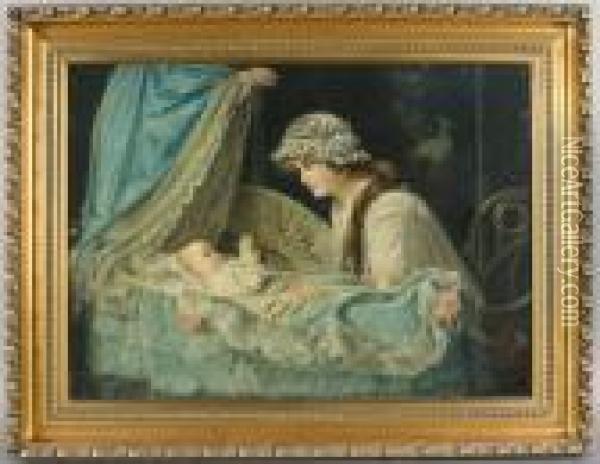 A Mother Gazing At Newborn Child In Cradle Oil Painting - Harry Herman Roseland