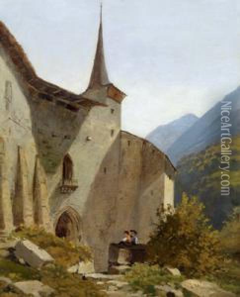 Motiv Einer Tiroler Burganlage Mit Figurlicher Staffage Oil Painting - Leopold Munsch