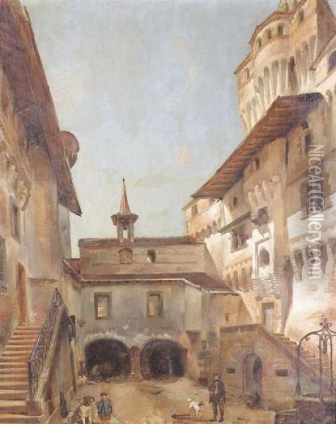 Sonniger Innenhof Eines Italienischen Palazzos. Oil Painting - Francois Bonnet