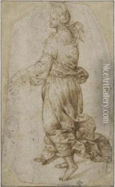 A Female Figure Walking To The Right And A Separate Sketch Of A Head Of A Boy And A Hand Oil Painting - Timoteo Viti