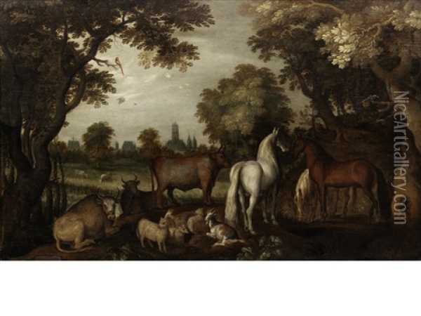 Horses, Cattle, Sheep And Goats Beneath Trees In The Foreground, A View Of Utrecht In The Distance Oil Painting - Roelandt Savery