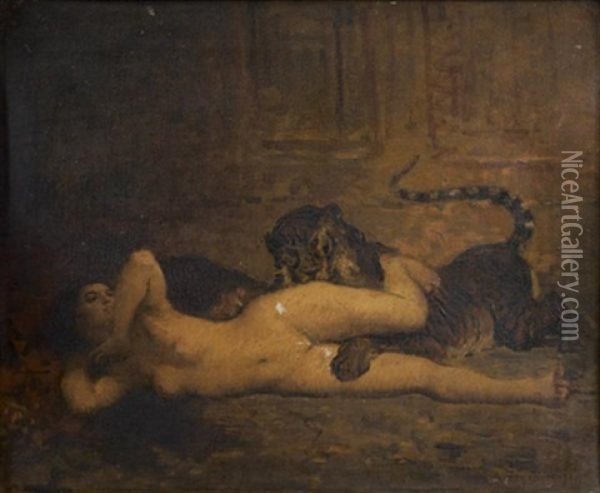 Jeune Femme Et Un Tigre Oil Painting - Francois Nicolas Augustin Feyen-Perrin
