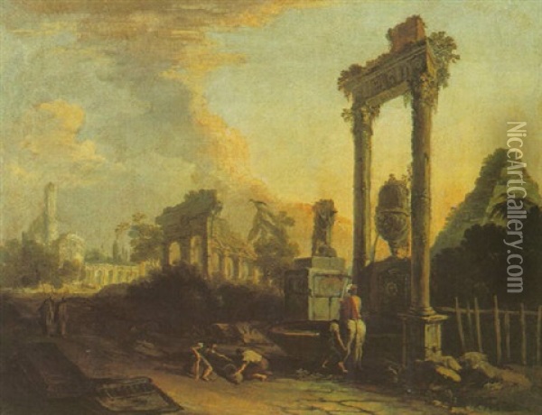 Landsape With Figures At A Fountain Beneath A Ruined Arch, Classical Ruins Beyond Oil Painting - Marco Ricci