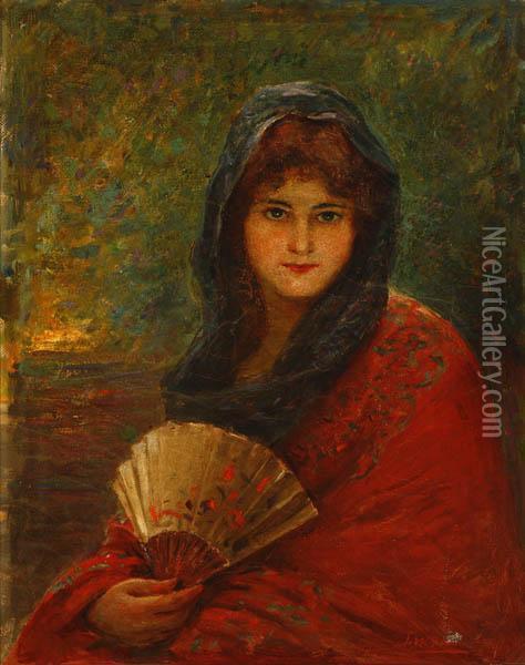 Portrait Of A Young Woman Holding A Fan Oil Painting - Joseph W. Gies