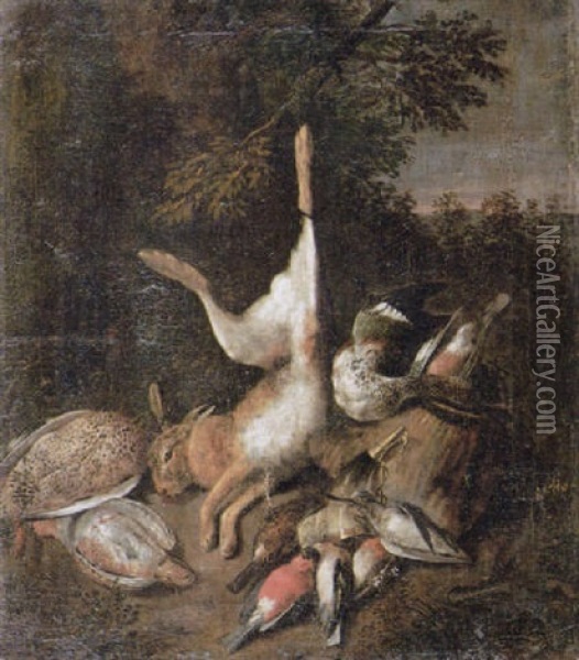 A Still Life Of A Dead Hare, Fowl And Songbirds On A Woodland Floor Oil Painting - Adriaen de Gryef