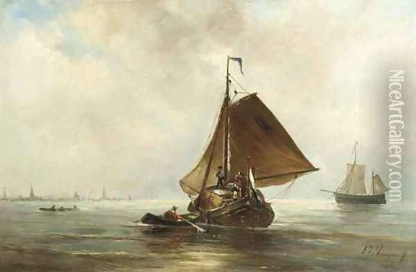 A haybarge on the IJ, Amsterdam in the distance Oil Painting - Albert Jurardus van Prooijen