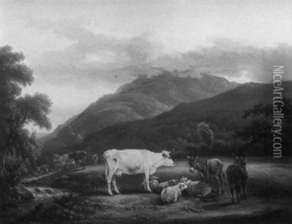 River Landscape With Cattle Sheep And Donkeys By A Stream Oil Painting - Edmund Bristow