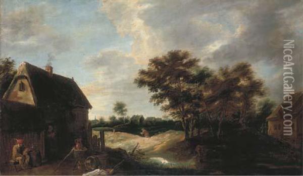 A Wooded Village Landscape With A Peasant Resting Outside Afarmhouse Oil Painting - David The Younger Teniers