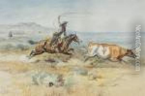 Roping A Steer Oil Painting - Charles Marion Russell