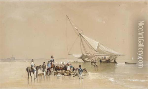 Unloading The Supplies On The Breton Coast, With Customs Men Checking The Cargo Oil Painting - George Bryant Campion