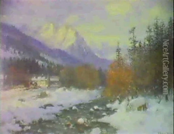 Bjerglandskab Med Flod, Vinter Oil Painting - Anders Andersen-Lundby