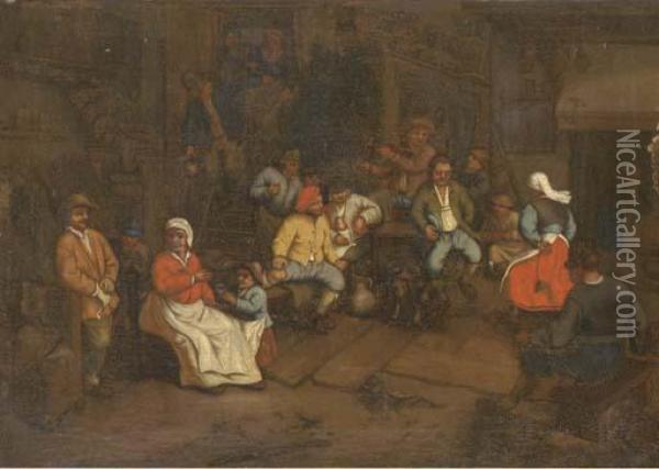 Peasants Drinking And Making 
Merry In A Tavern; And Peasantsdrinking And Playing Cards In A Tavern Oil Painting - Adriaen Jansz. Van Ostade
