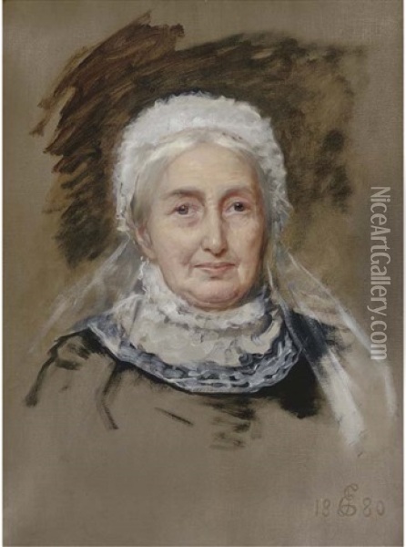 Portrait Of Mrs Allhusen, Head-and-shoulders, In A Lace Bonnet Oil Painting - Edwin Long