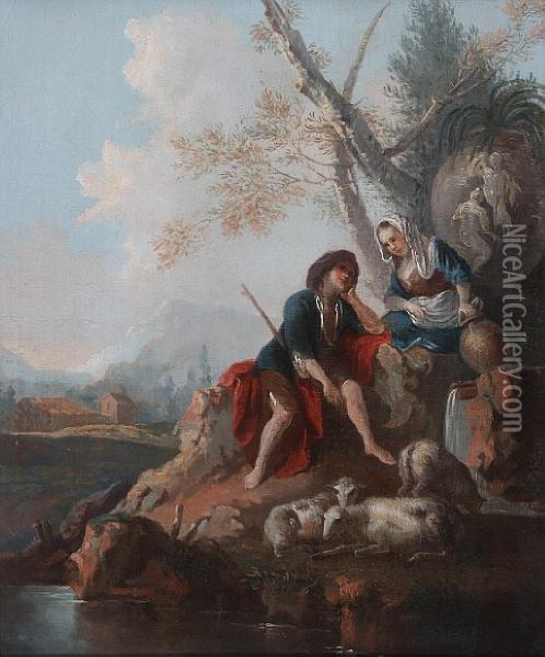 A Shepherd And Maid By A River Oil Painting - Francesco Zuccarelli