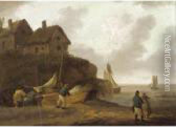 Fishermen Repairing Their Boats On The Shore Oil Painting - George Morland