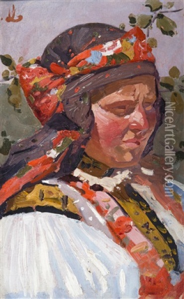 Girl In Folk Costume Oil Painting - Joza Uprka