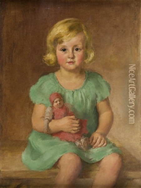 Daughter Of The Artist With A Doll Oil Painting - Kazimierz Pochwalski