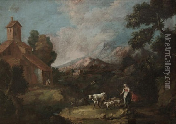 Shepherds And Shepherdess Grazing Their Cattle...(+ A Horseman, A Shepherdess Resting On A Rock And Other Figures With Ruins In The Distance; Pair) Oil Painting - Antonio Diziani