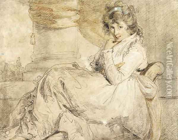 Study of an elegant young lady, traditionally identified as Emma Hamilton, seated on a chaise longue Oil Painting - John Hoppner