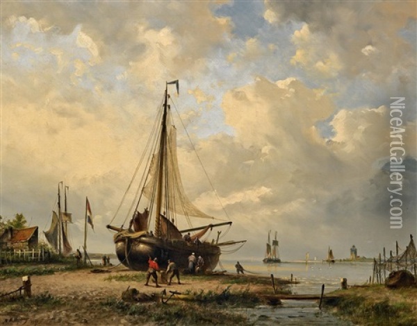 Aufgeslippter Fischkutter Oil Painting - Nicolaas Martinus Wijdoogen