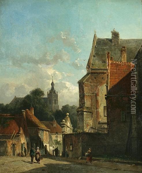 A Busy Street Scene In A Dutch Town Oil Painting - Adrianus Eversen