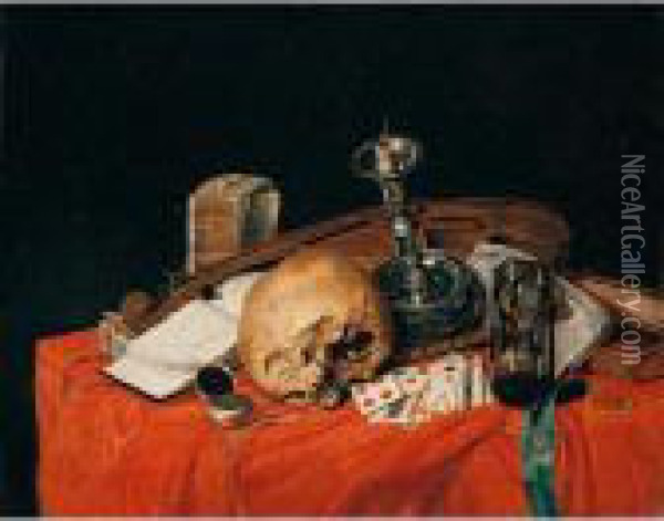 Still Life With A Skull, A Violin, An Hourglass, Books And A Pack Of Cards, Toegther On A Red Table Cloth Oil Painting - Sebastien Stoskopff