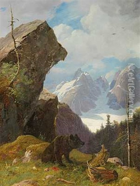 En Bjorn I Alperne, I Baggrunden Sneklaedte Tinder Oil Painting - Frederik-Carl-Julius Kraft