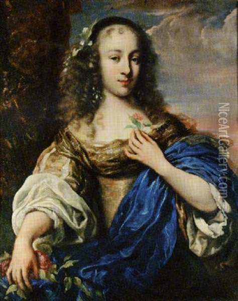 Portrait Of A Young Girl Wearing A Gold Dress And Blue Sash, Holding A Rose Oil Painting - Juergen Ovens