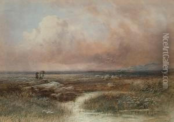 Figures In A Moorland Landscape Oil Painting - Edwin Earp