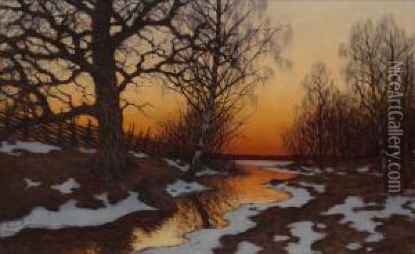 Varvinter, Solnedgang Over Vatten Oil Painting - Edvard Rosenberg
