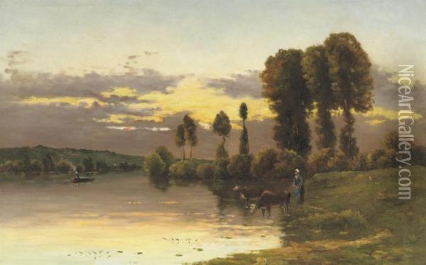 Watering The Cows At Dusk Oil Painting - Hippolyte Camille Delpy
